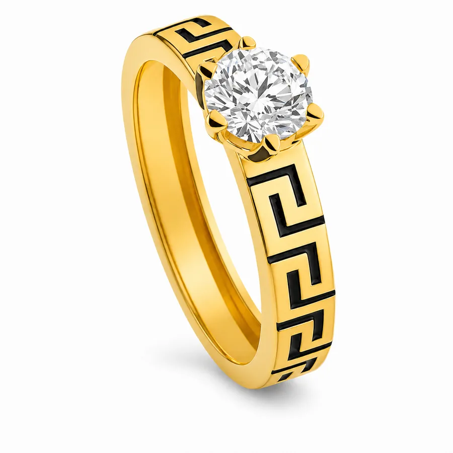 Anello solitario in oro giallo con brillante centrale e decoro greca