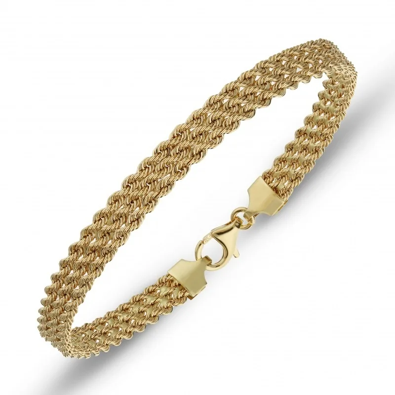 Bracciale in oro a tre corde intrecciate, maglia rope tripla con chiusura moschettone