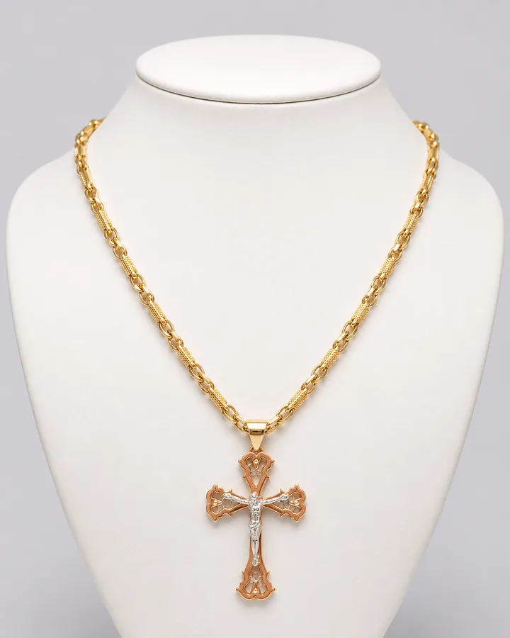 Collana con crocifisso in oro bicolore e catena a maglia grossa