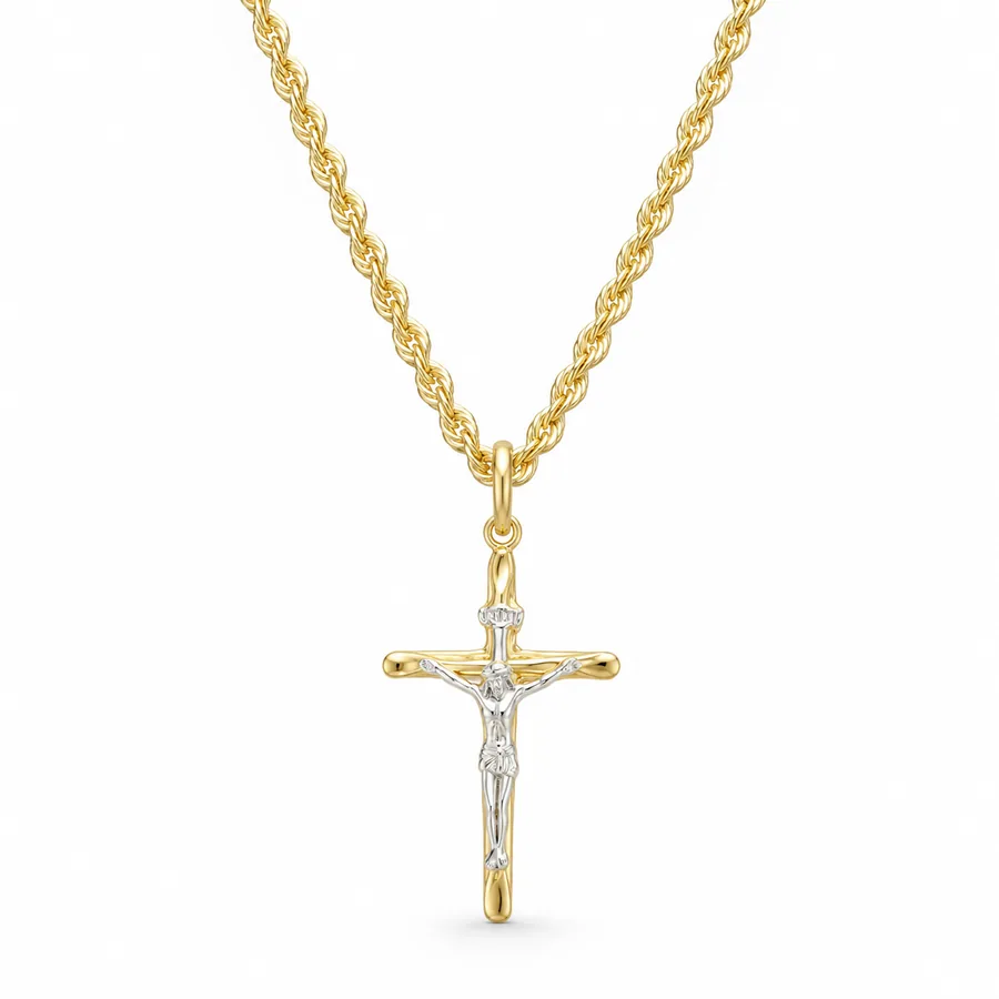 Collana croce Cristo in oro giallo su catena a corda