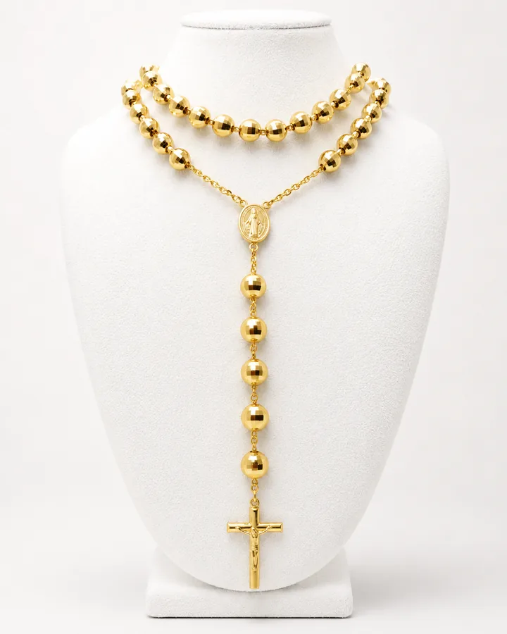 Collana rosario in oro giallo con grani sferici, medaglia della Madonna e crocifisso