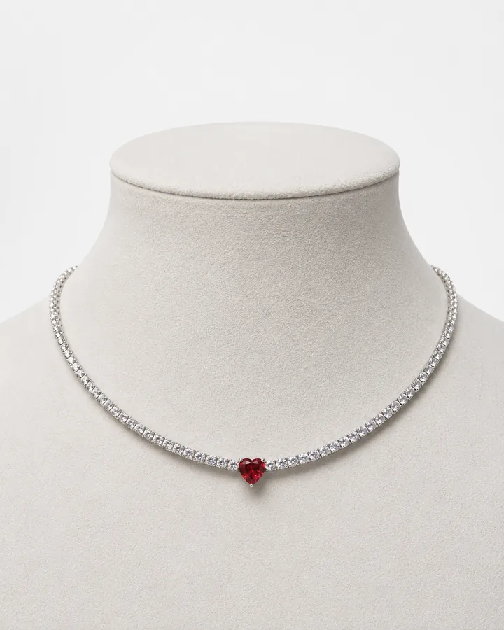 Girocollo tennis in argento con cuore rosso centrale, collana stile Titanic